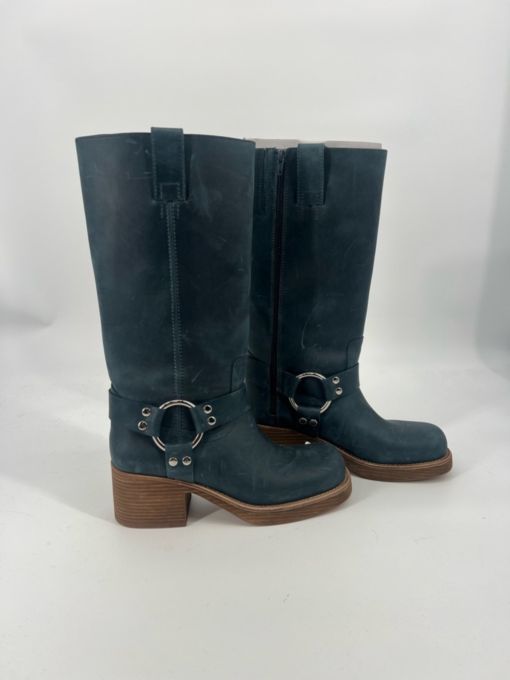 Jeffrey Campbell Reflection Blue Harness Mid-Calf Boots with Brown Stacked Heel - Picture 3 of 13